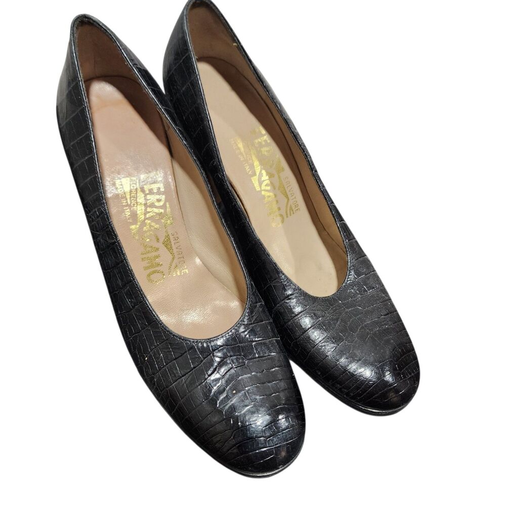 Salvatore Ferragamo Black Croc Embossed Leather Pumps Block Heel Classic Italy